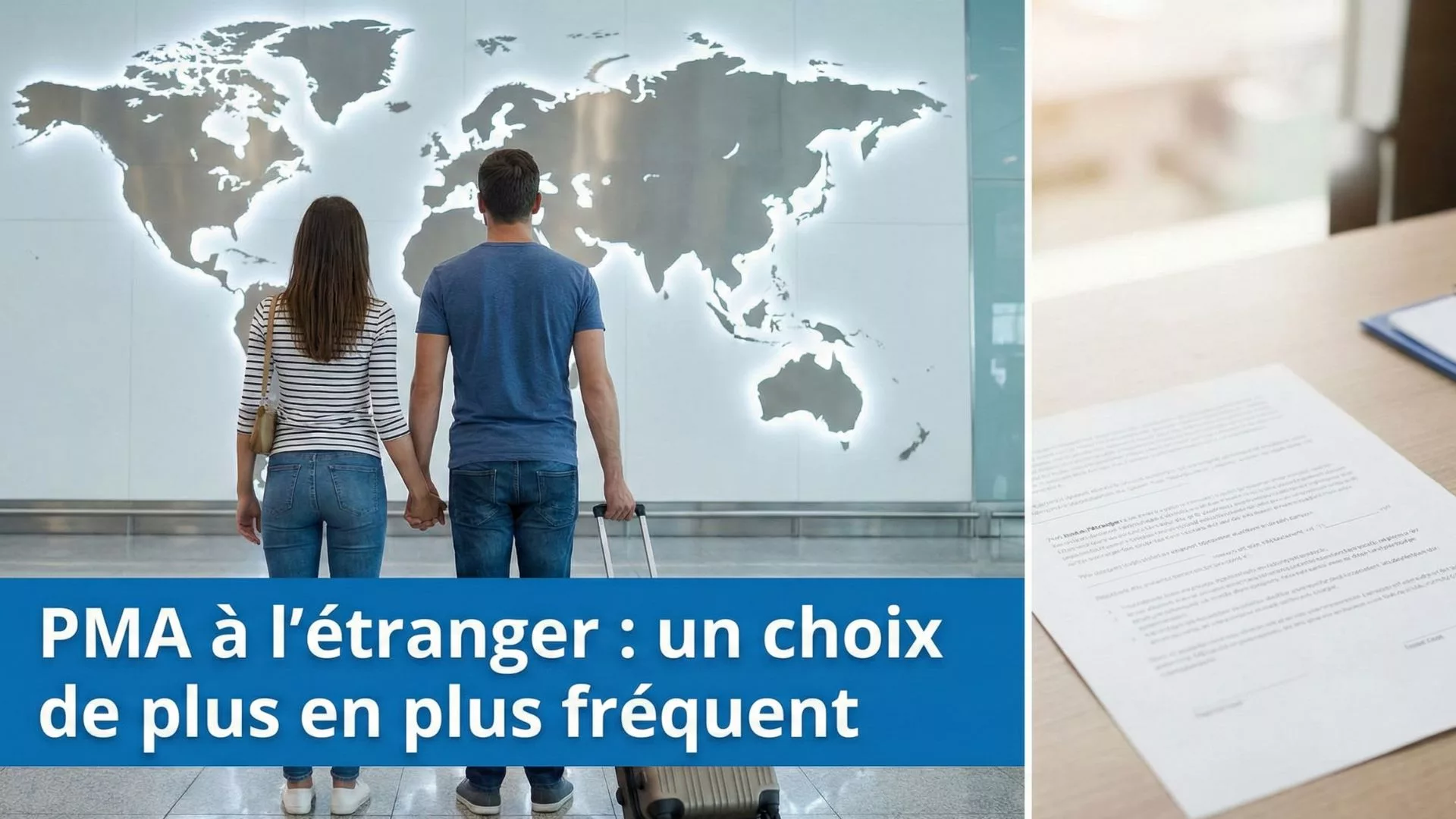 Couple de dos dans un aéroport regardant une carte du monde, illustrant le départ pour une PMA à l'étranger.